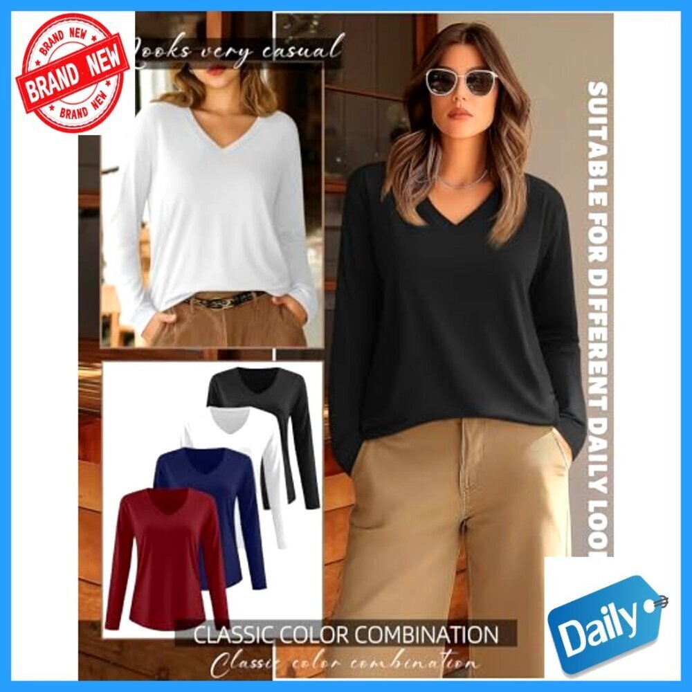 Plus Size Long Sleeve V-Neck Tunic Tops 4-Pack Loose Fit Basic Tees - Picture 4 of 7